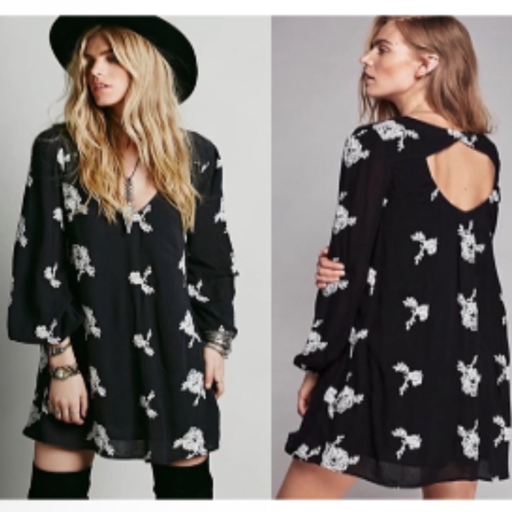 Free People Embroidered Austin Mini long sleeve Dress Small xs oversized